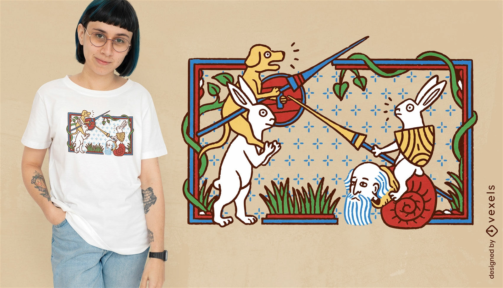 Medieval book scene with animals t-shirt design