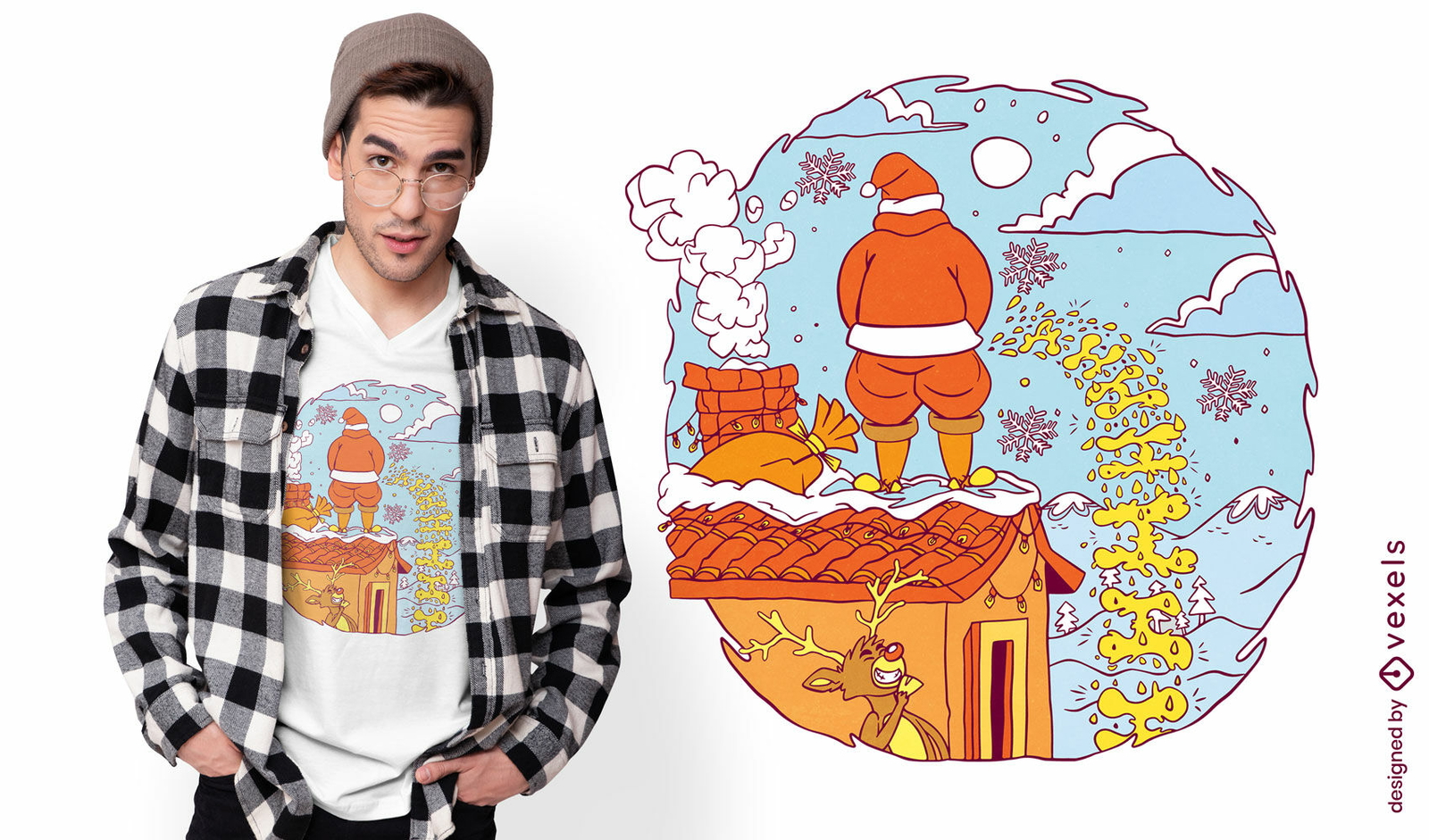 Diseño de camiseta de santa claus orinando en el techo