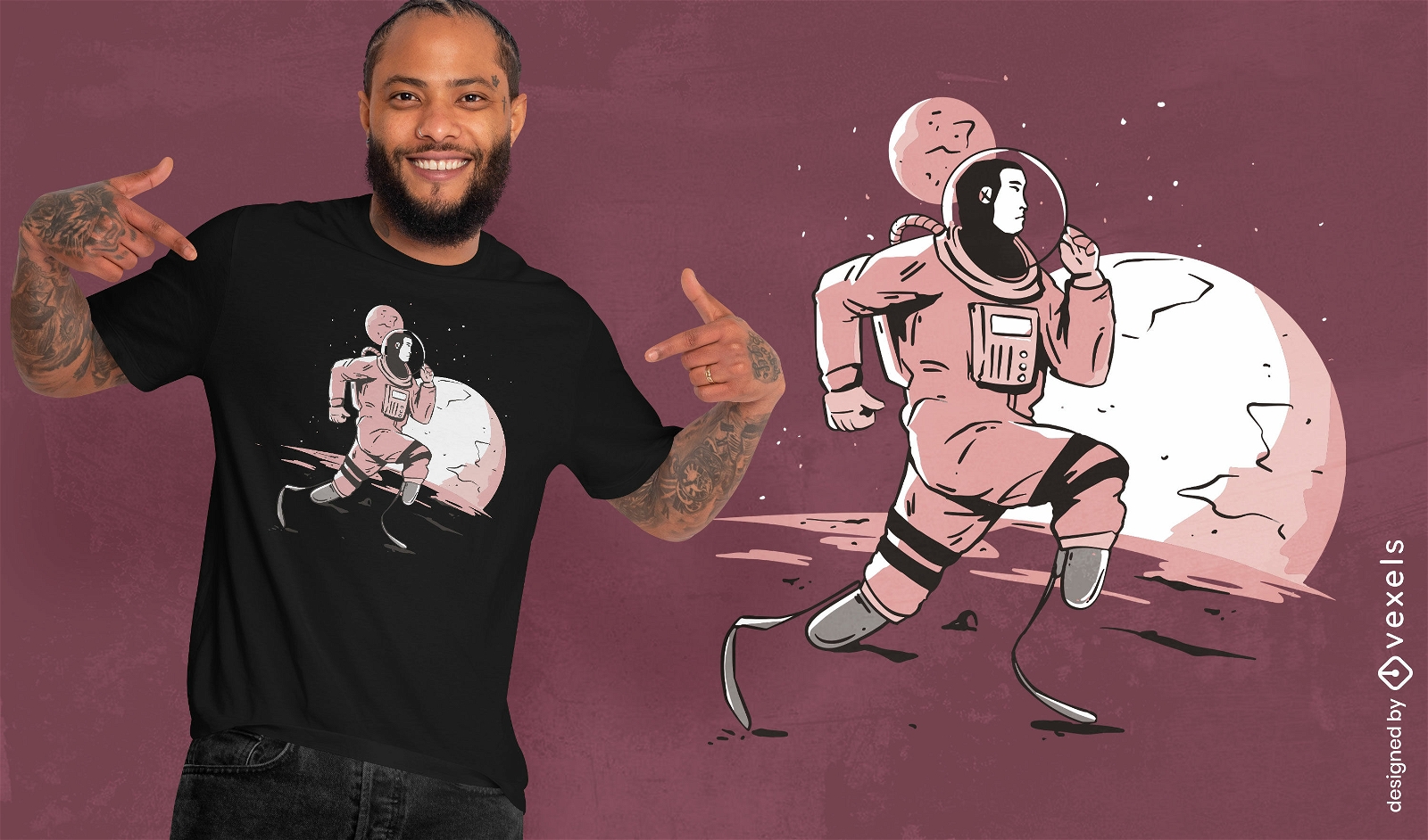 Astronauta com deficiência correndo no design de camiseta espacial