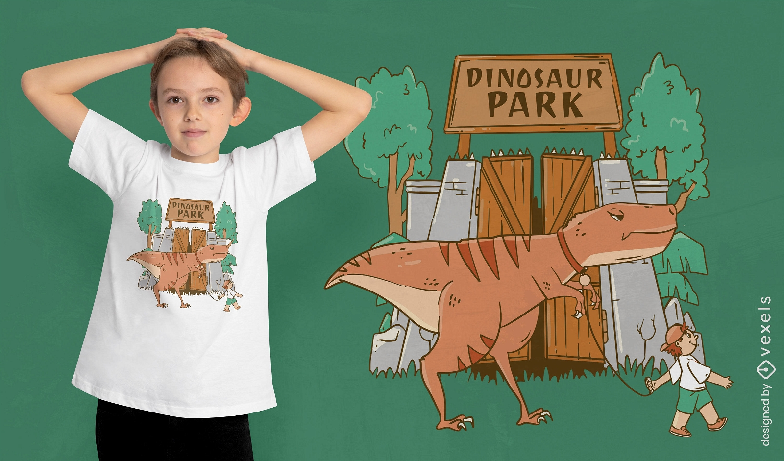 Child with pet dinosaur t-shirt design