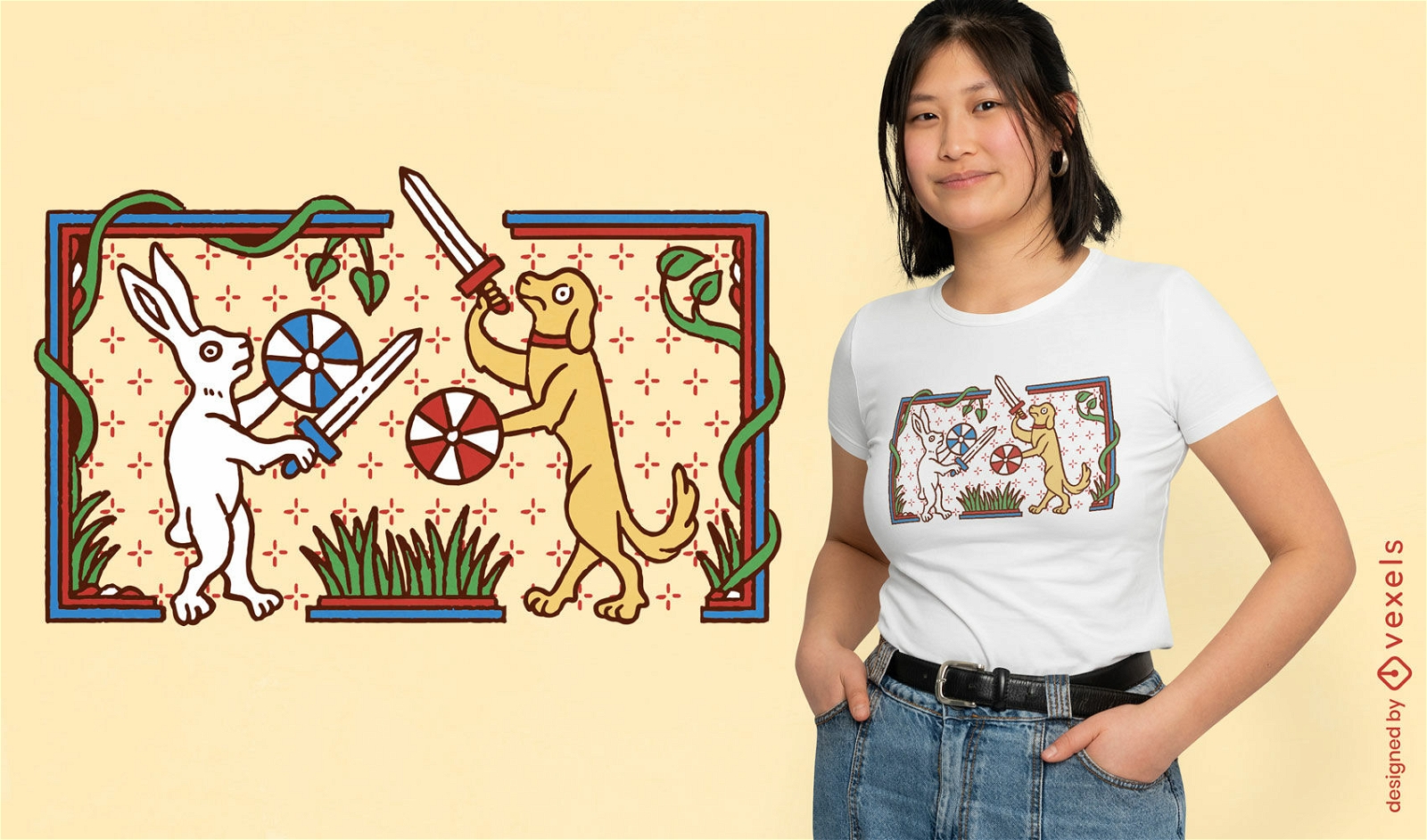 Rabbit and dog sword fighting t-shirt design