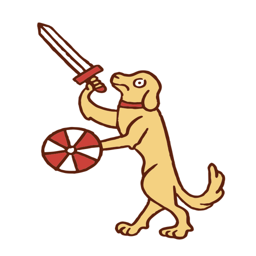 Perro de dibujos animados sosteniendo una espada y un escudo Diseño PNG