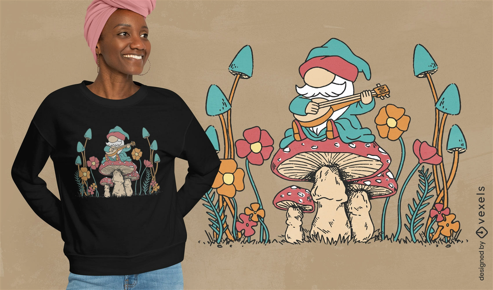 Hippie gnome on mushroom t-shirt design