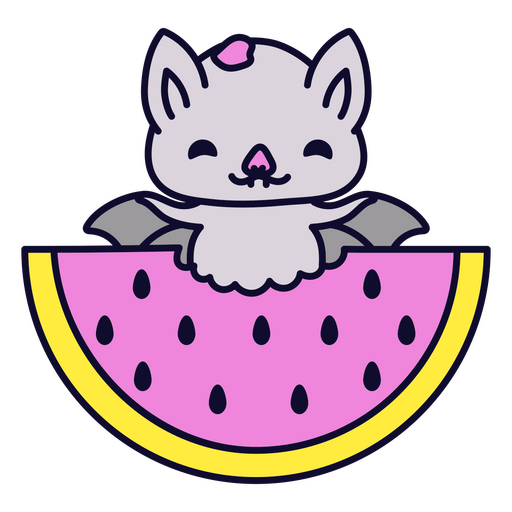 Murciélago kawaii sobre una rodaja de sandía Diseño PNG