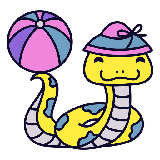 Snake with a beach ball and hat PNG Design