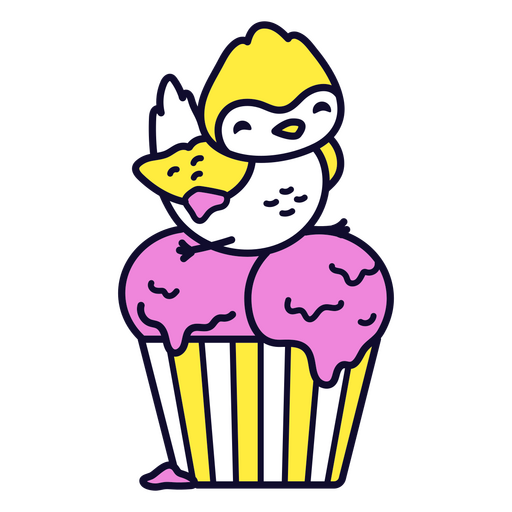 Kawaii-Vogel sitzt auf einem Cupcake PNG-Design