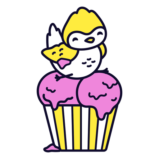 Pájaro kawaii sentado encima de un cupcake Diseño PNG