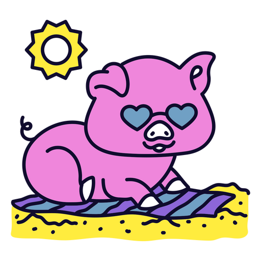 Pink pig wearing sunglasses on a beach PNG Design