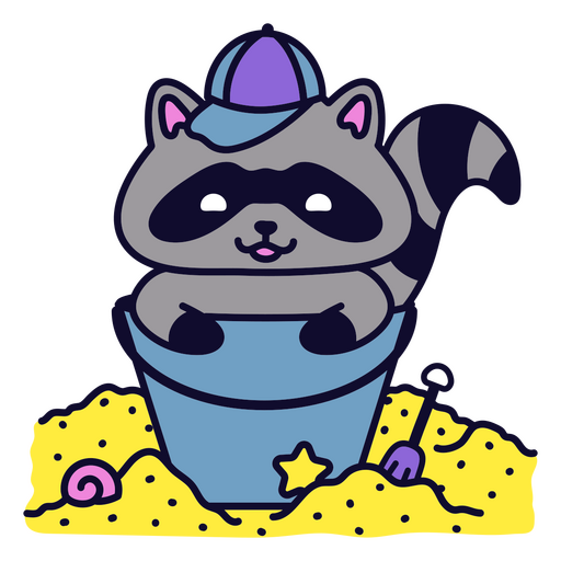 Raccoon sitting in a bucket of sand PNG Design