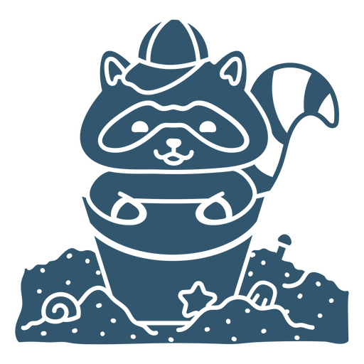 Raccoon in a bucket sitting in the sand PNG Design