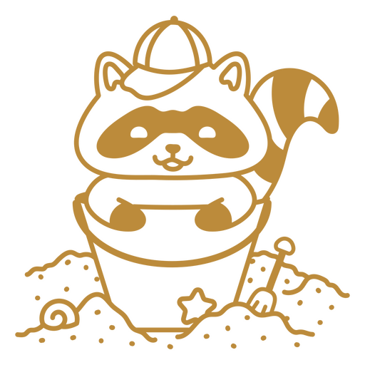 Raccoon in a bucket sitting in the sand gold PNG Design
