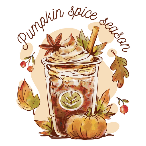 Illustration of a pumpkin spice latte with leaves and pumpkins PNG Design