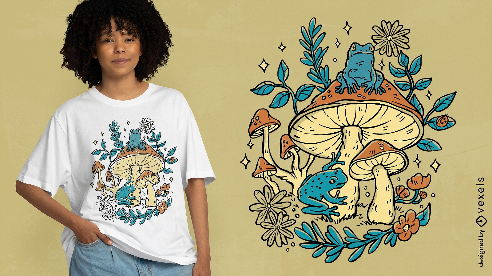 Diseño de camiseta cottagecore de ranas y hongos.