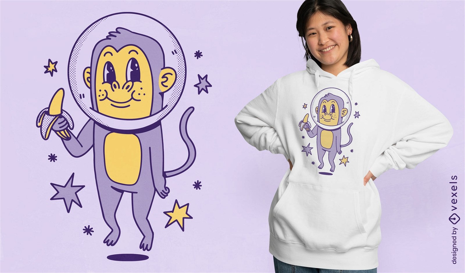 Design de camiseta de macaco espacial comendo banana