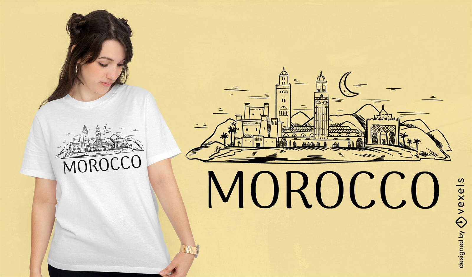 Diseño de camiseta de horizonte de edificios de Marruecos