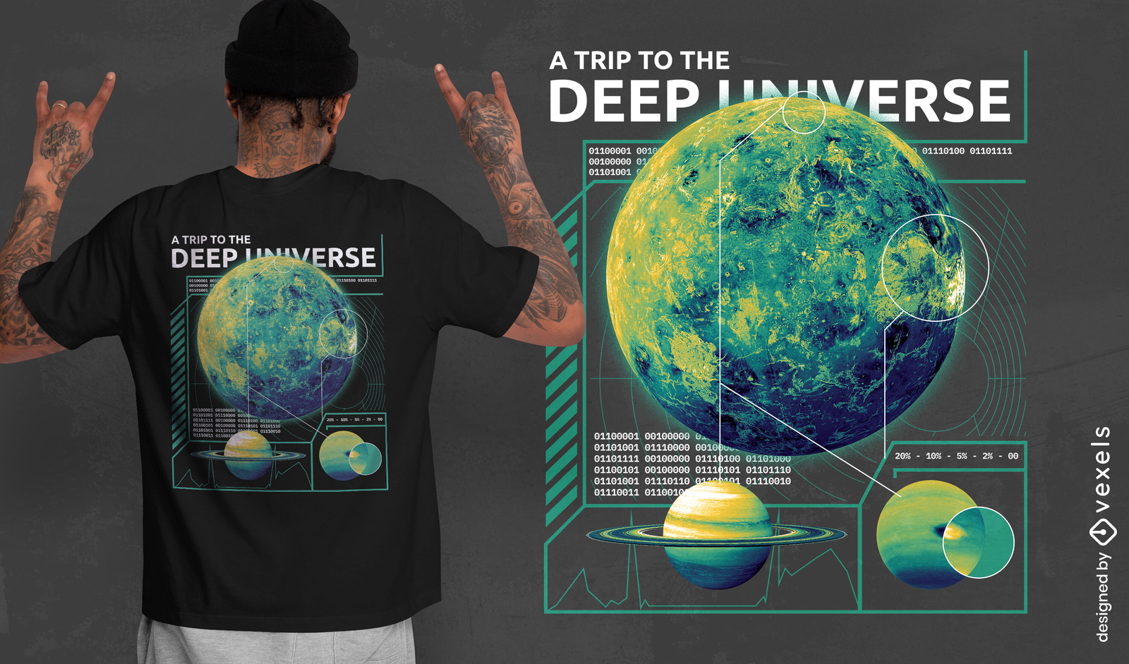 T-Shirt-Design mit Planeten im tiefen Universum im PSD-Format