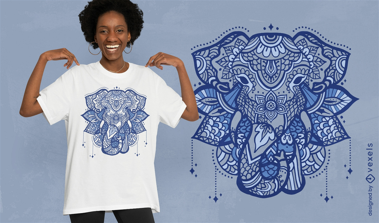 Diseño de camiseta con cabeza de elefante mandala.