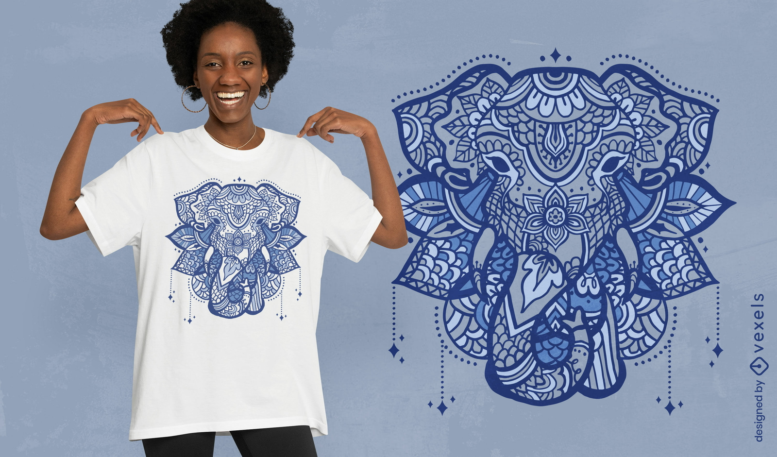 Diseño de camiseta con cabeza de elefante mandala.