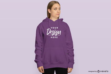 Blonde female model in big hoodie mockup