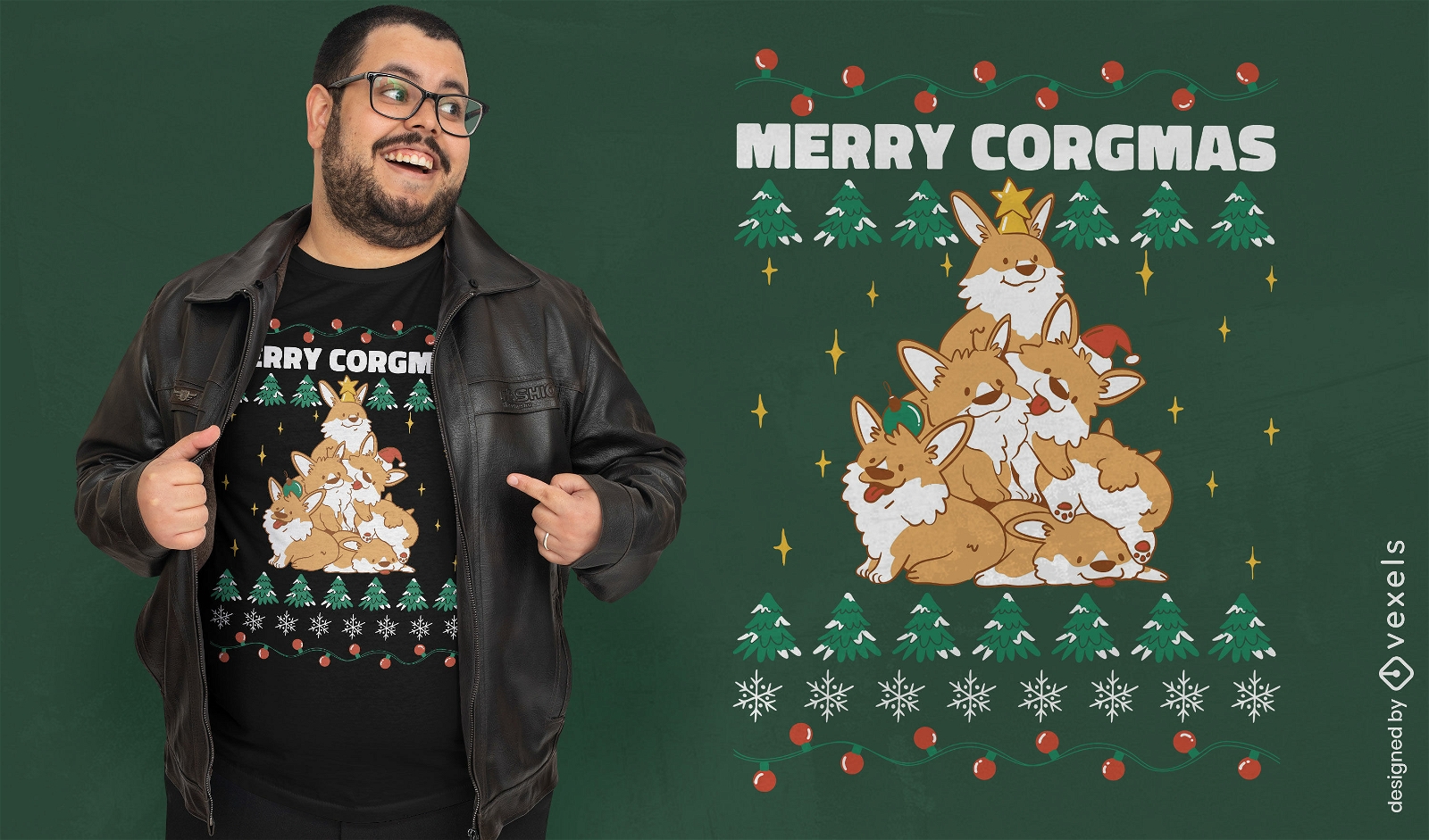 Diseño de camiseta navideña de corgi