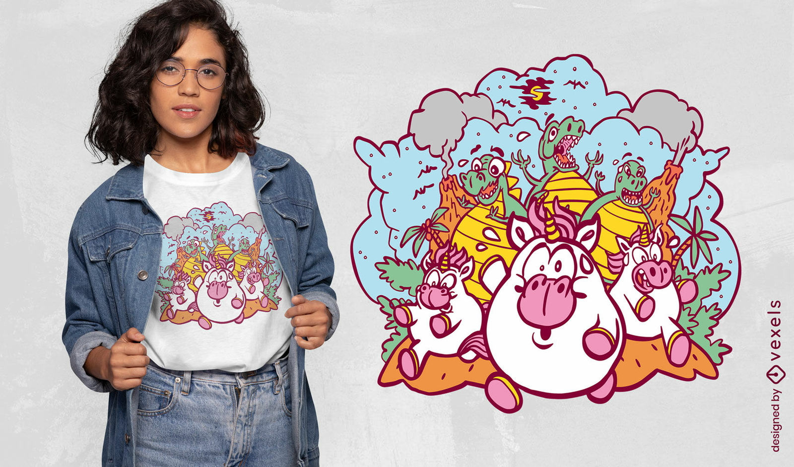 Diseño de camiseta de caza de T-rex y unicornios.