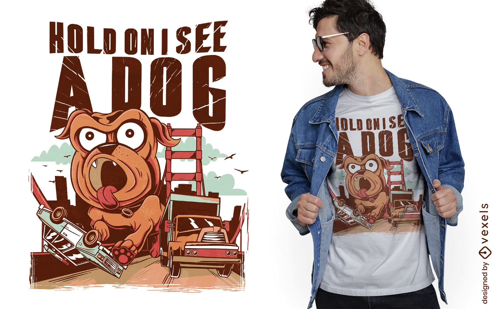 Cachorro Pitbull correndo no design de camiseta da ponte