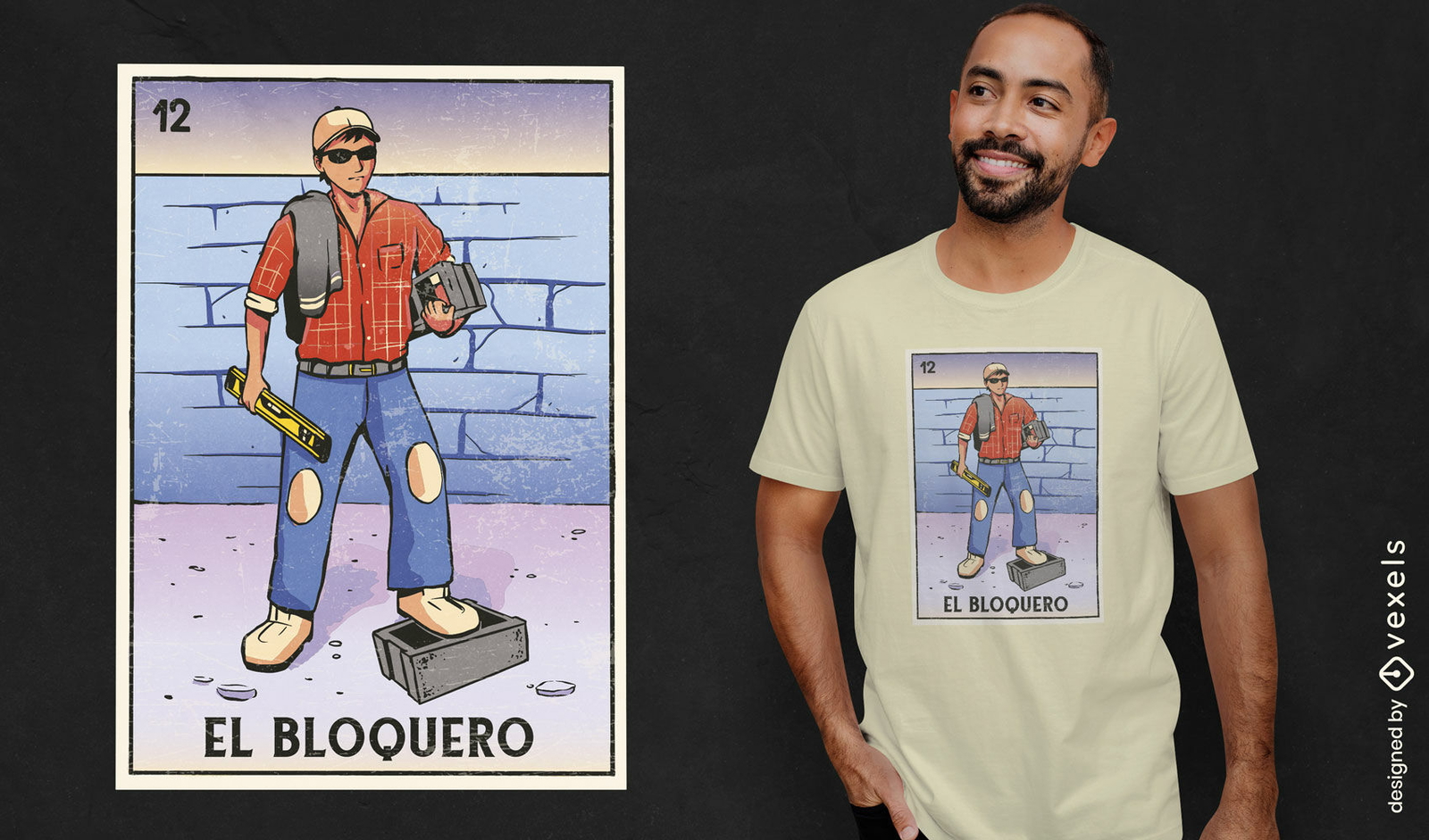 Diseño de camiseta de tarjeta de albañil de bloque de lotería mexicana