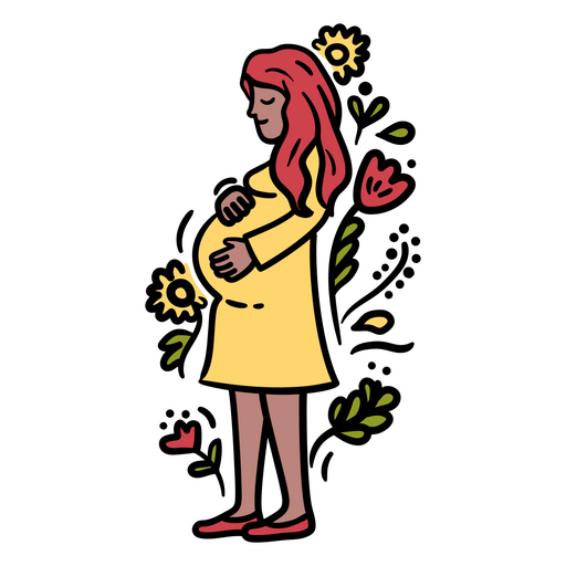 Mujer embarazada con un vestido amarillo con flores. Diseño PNG