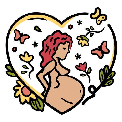 Mujer embarazada en un corazón con flores. Diseño PNG