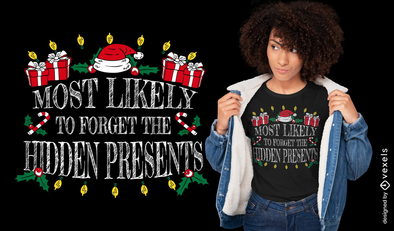 Presentes escondidos design de camiseta com citação de natal