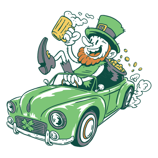 Duende do dia de São Patrício dirigindo um carro verde Desenho PNG