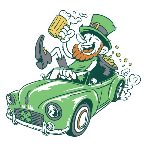 St patrick's day leprechaun driving a green car PNG Design