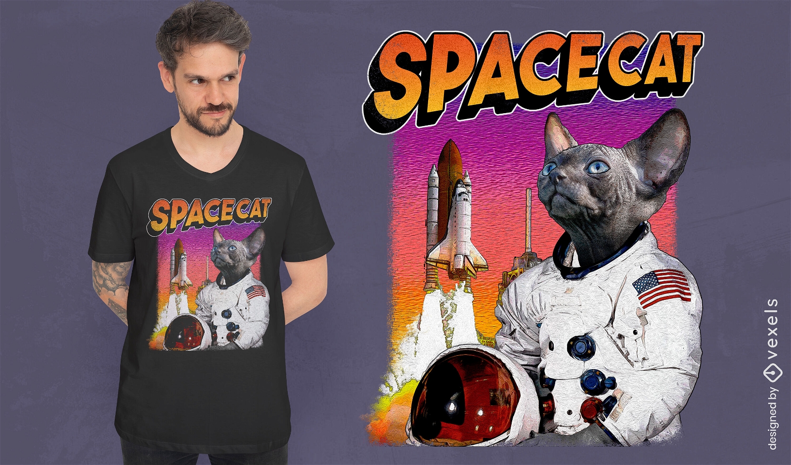 Diseño de camiseta psd de gato espacial
