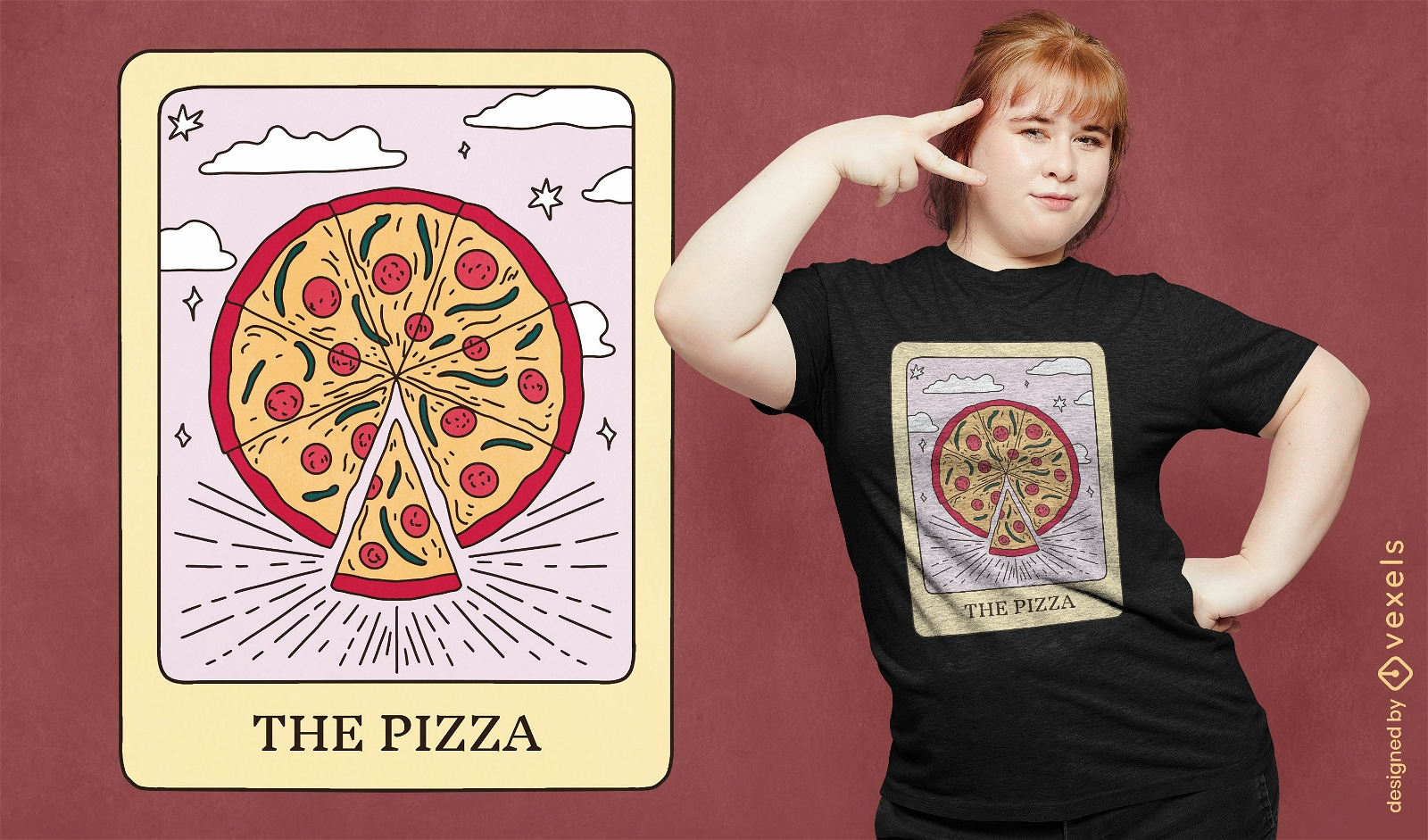 Diseño de camiseta de carta de tarot de comida de pizza
