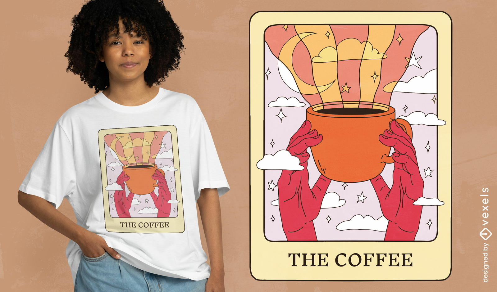 Diseño de camiseta de carta de tarot de bebida de café