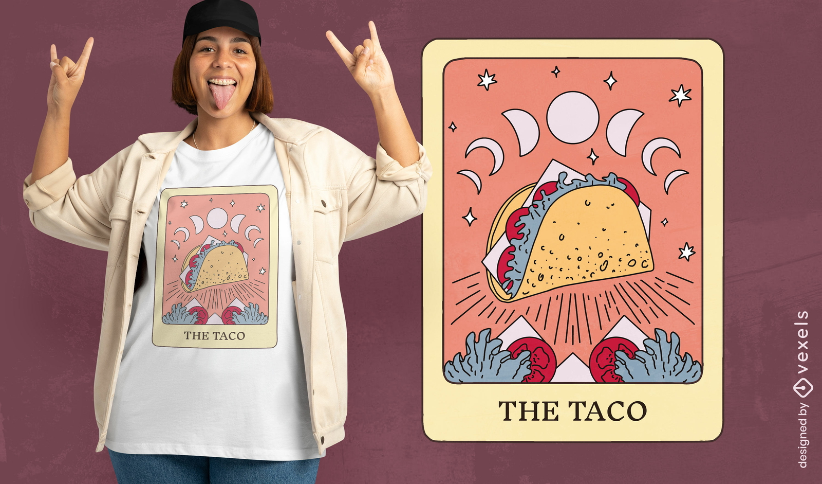 Diseño de camiseta de carta de tarot de comida de taco