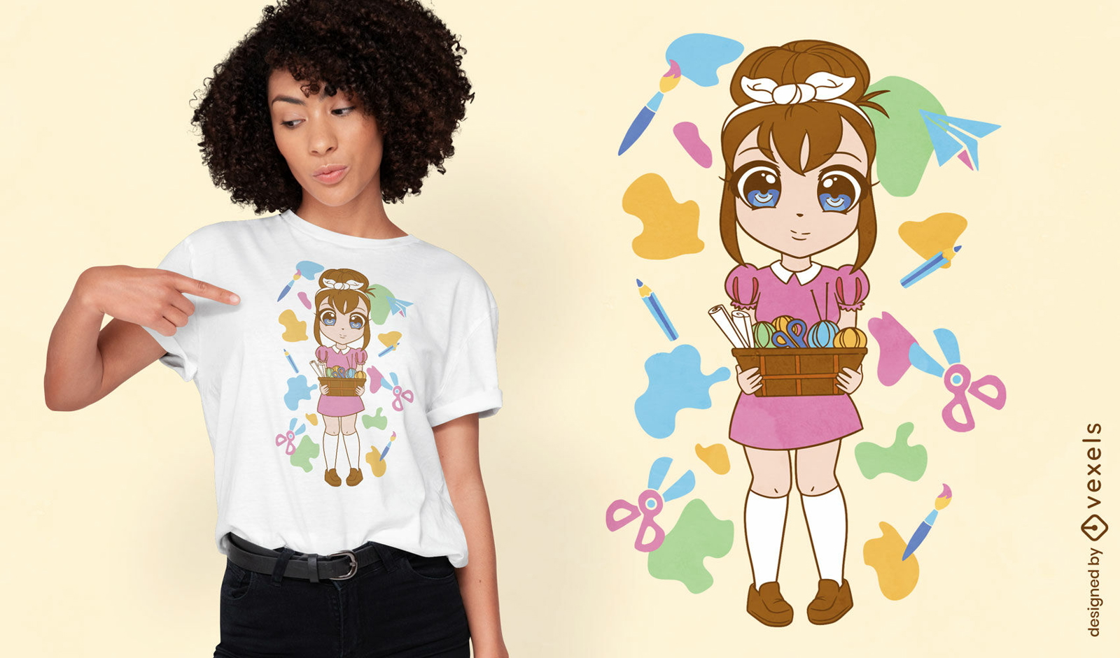 Menina com design de camiseta de materiais de arte