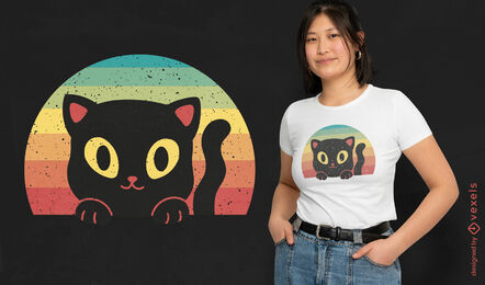Gato negro en un diseño de camiseta retro al atardecer