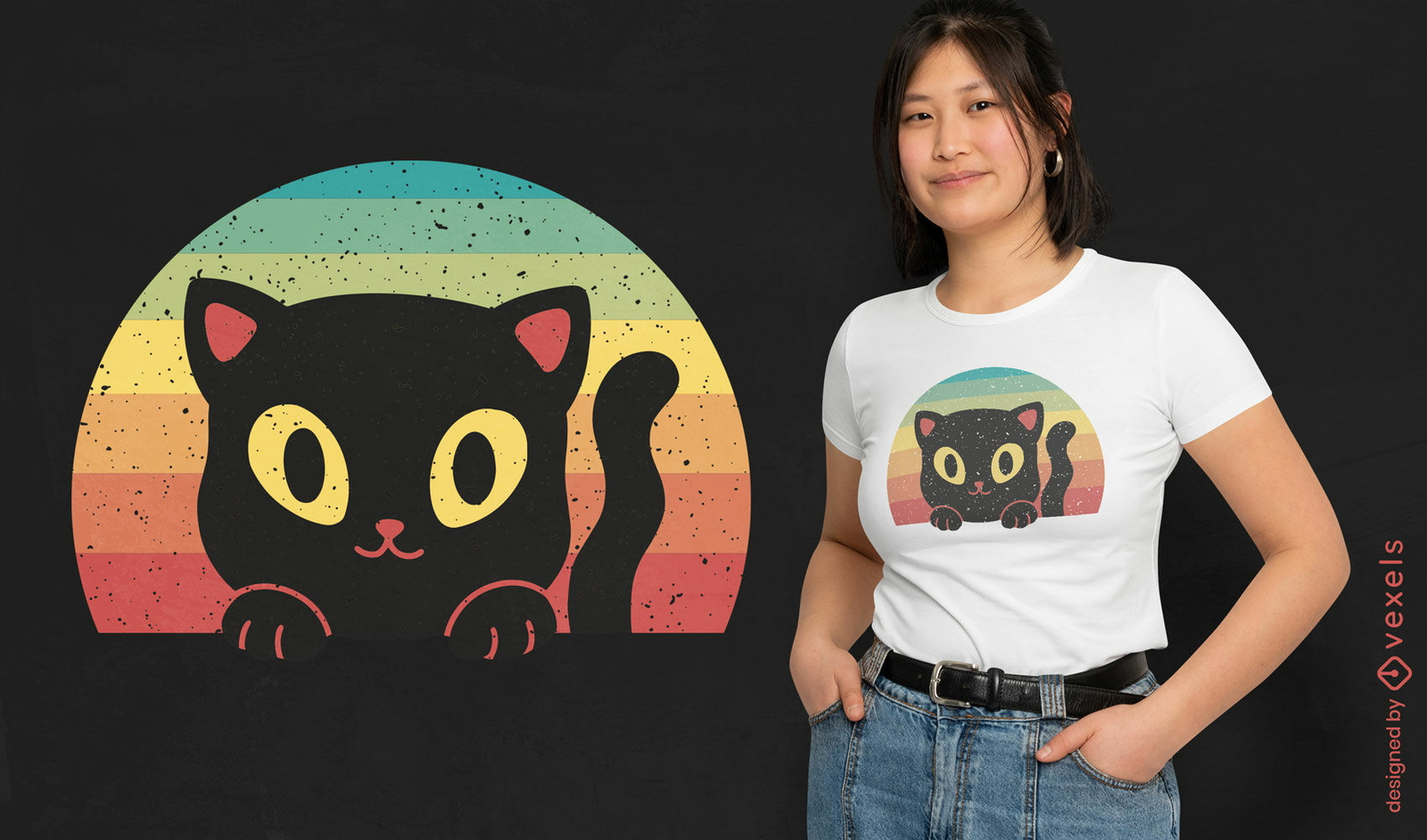 Gato negro en un diseño de camiseta retro al atardecer