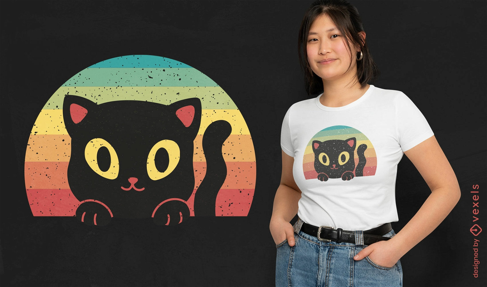 Schwarze Katze auf einem Retro-Sonnenuntergang-T-Shirt-Design