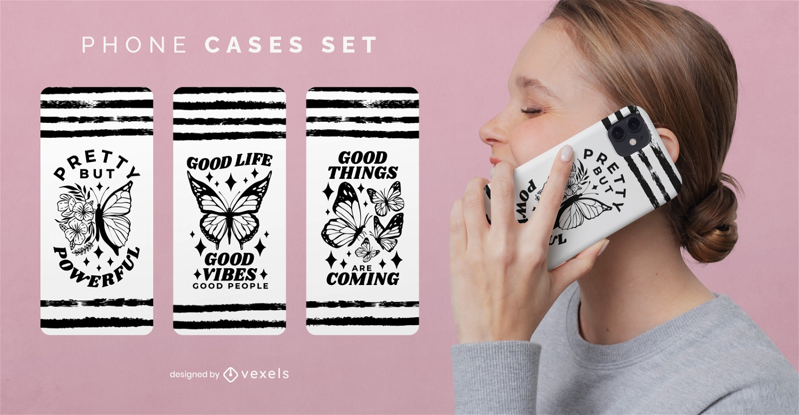 Butterflies and stripes phone case set