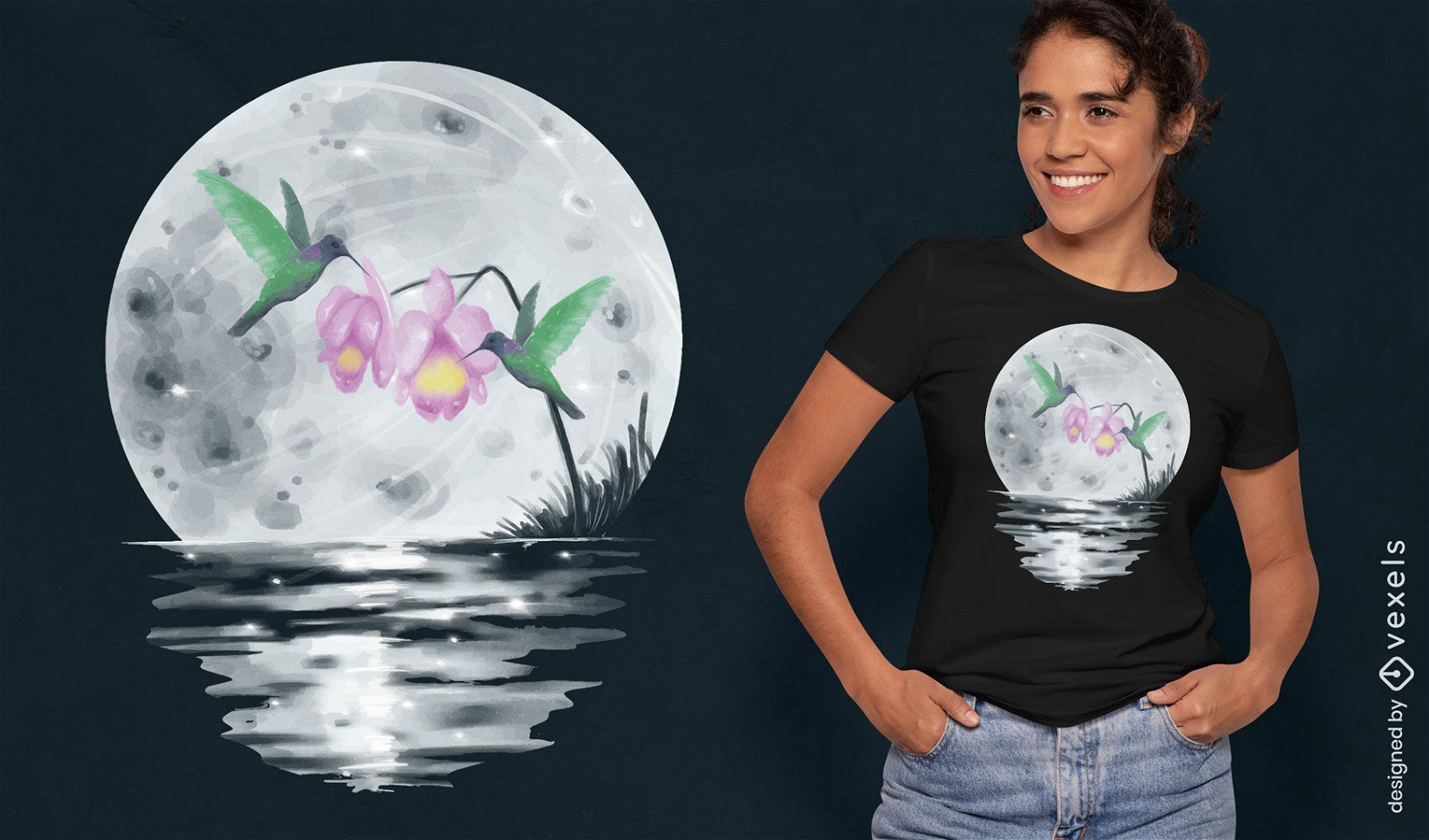Diseño de camiseta de luna llena de colibríes.