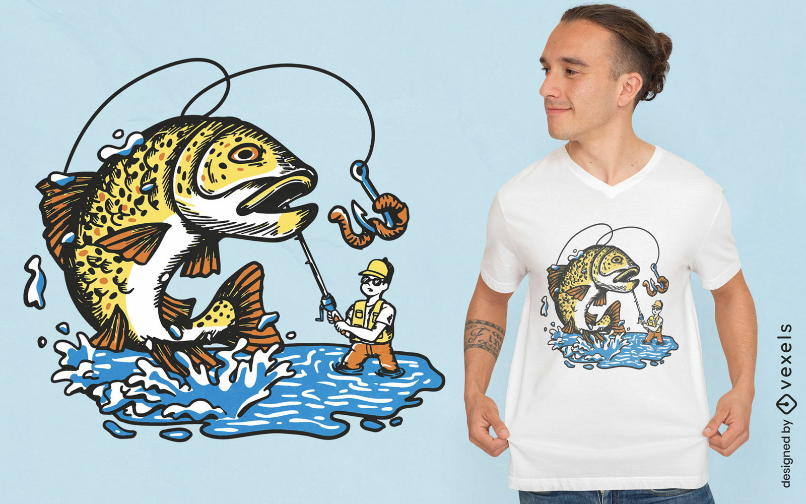 Angler, der ein Forellen-T-Shirt-Design fischt