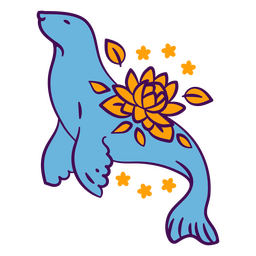 Criaturas marinhas florais de traço de cor de selo Desenho PNG