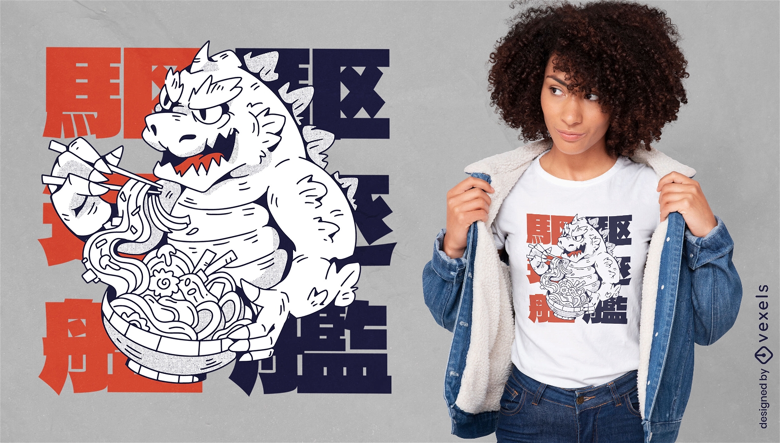Design de camiseta de monstro comendo ramen
