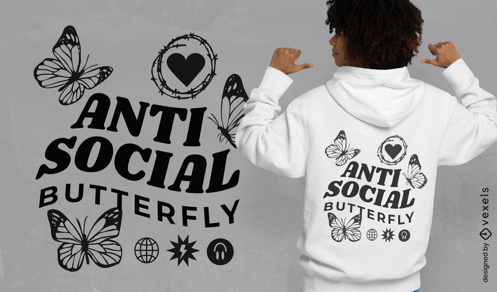 Diseño de camiseta de mariposa antisocial.