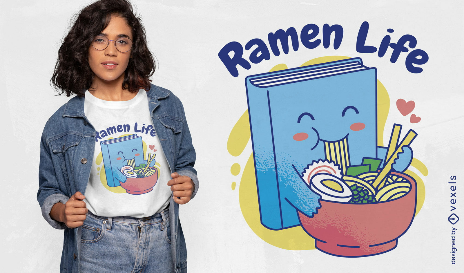 Libro comiendo diseño de camiseta de ramen.