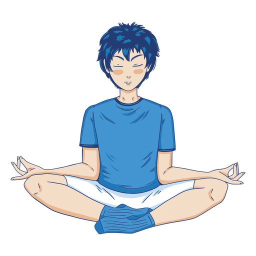 Menino de cabelo azul sentado em posição de lótus Desenho PNG