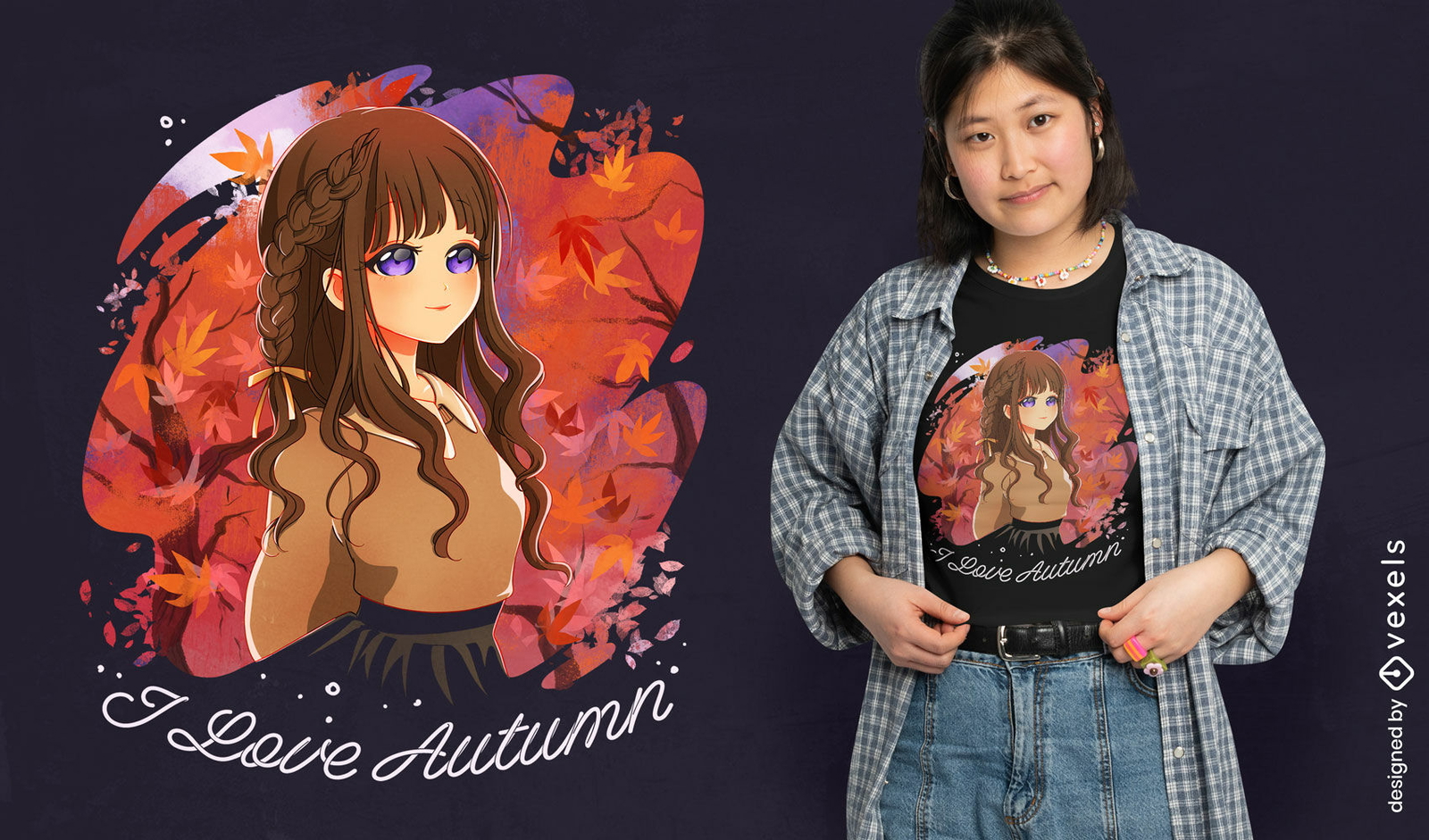 Herbst-Anime-Mädchen-T-Shirt-Design