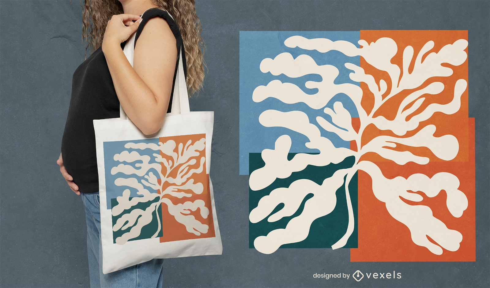Abstract leaves squares tote bag design